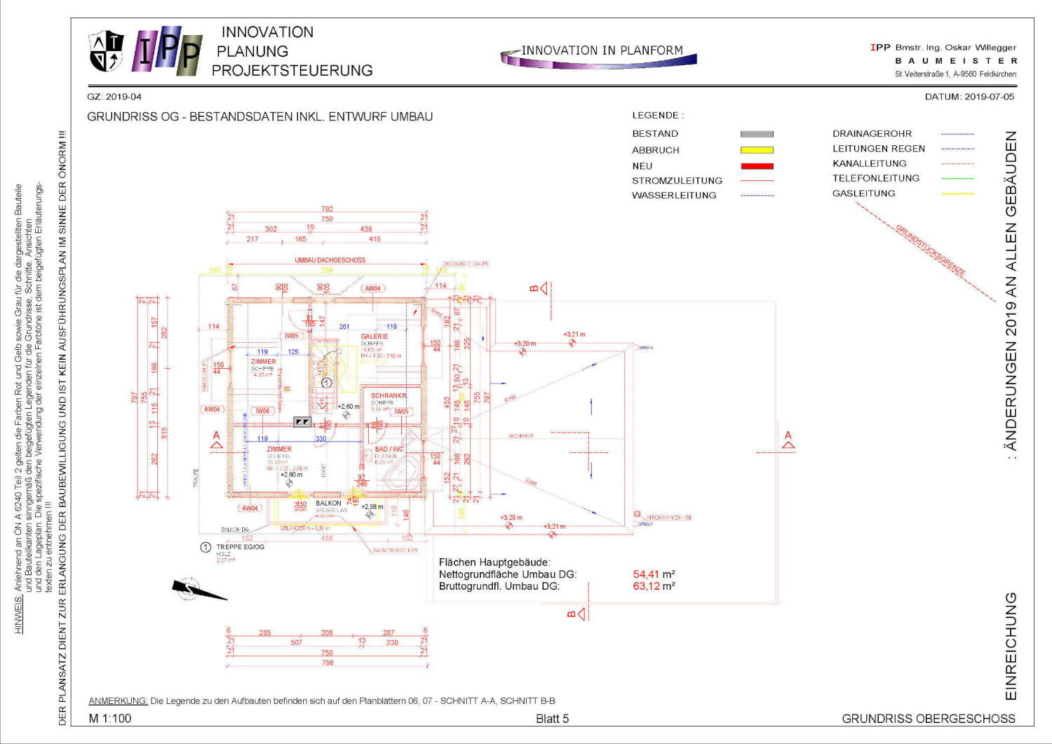 Plan für ein Bauvorhaben erstellt vom Büro IPP – Bmstr. Ing. Oskar Willegger